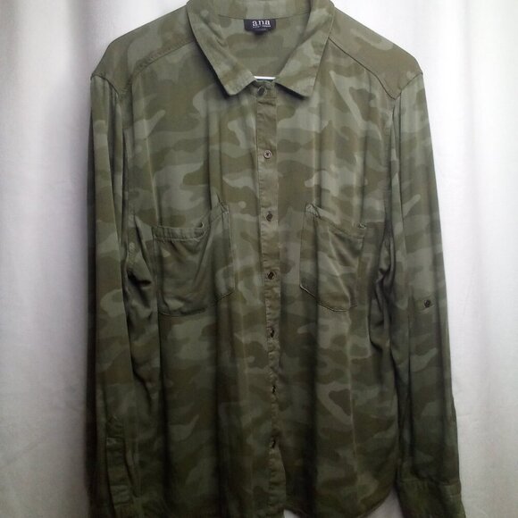 A. N. A. Button Up Shirt XL Blouse Long Sleeve Camo Green - Picture 13 of 14